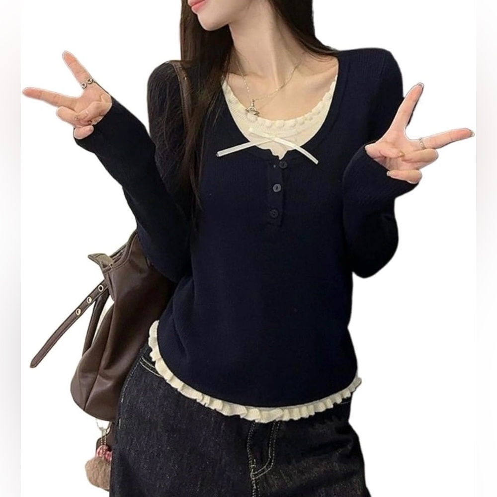 Vintage Y2k Long Sleeve Crop Top Lace V Neck Babydoll Shirt Streetwear